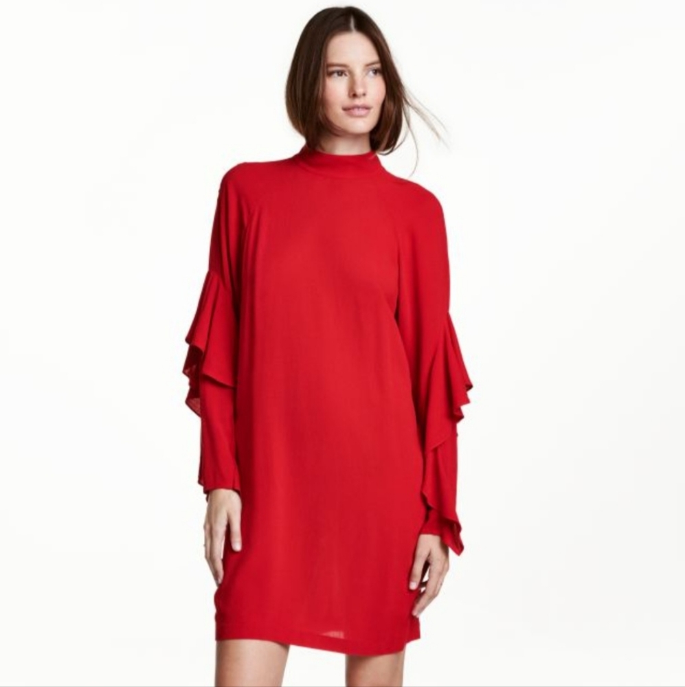 H&M Red Crepe Flounce Sleeve Keyhole Back High Neck Tunic Shift Dress Size 6